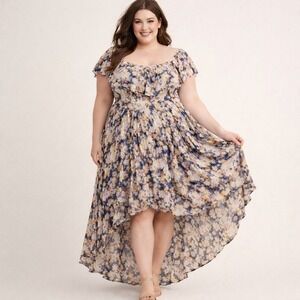 Torrid Womens Floral High Low Maxi Dress Off Shoulder Ruffle Blue Yellow Size 2